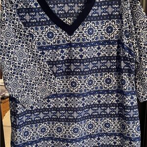 Lands' End Blue and White Floral V-Neck Top 1X